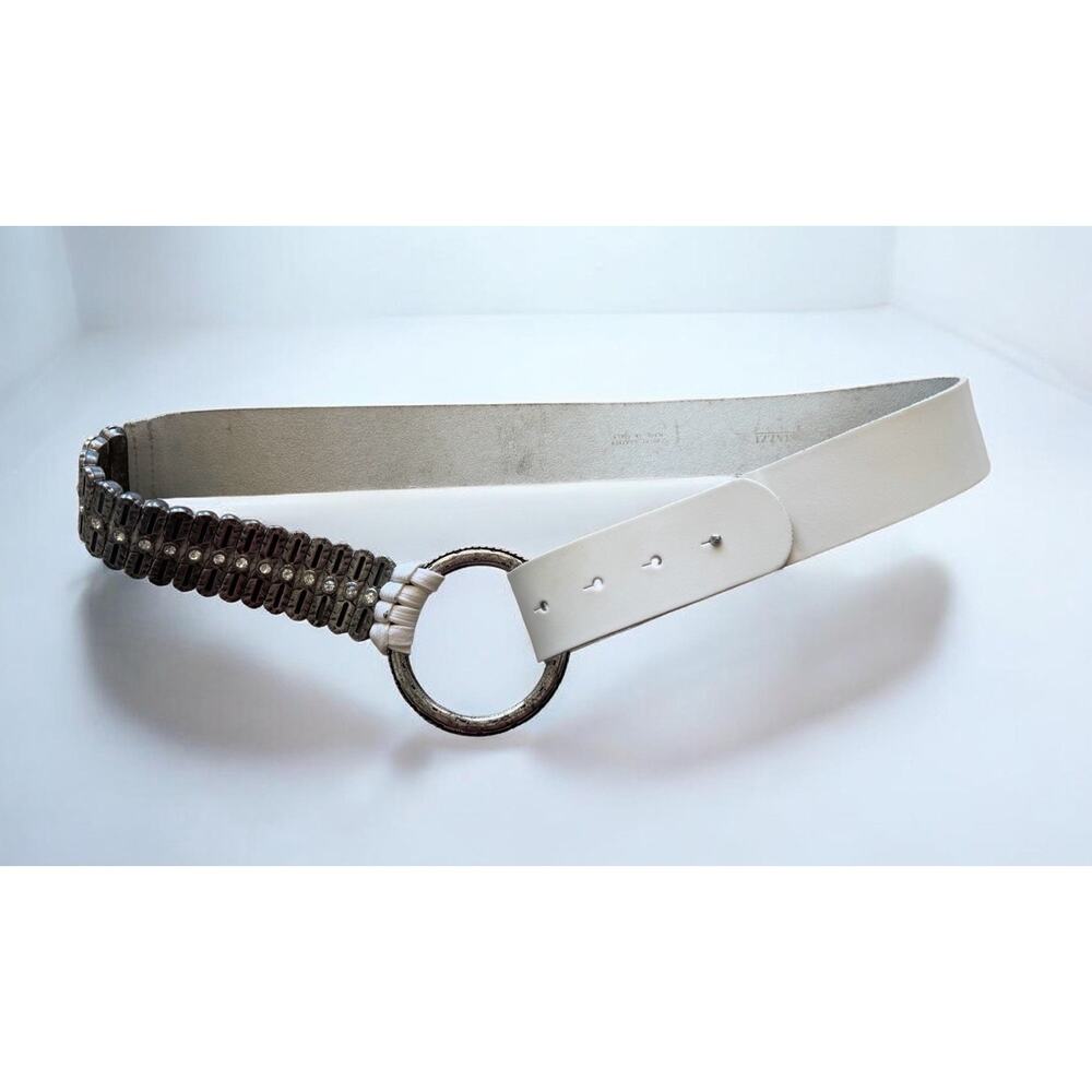 Antoniazzi Firenze White Leather O Ring Belt Italy Rhinestone Silver Wide Size M